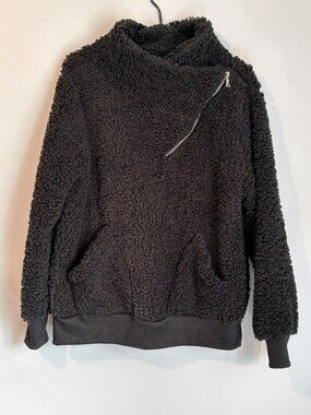 Black Teddy Sherpa Pullover Sweater Asymmetrical Zip Collar Size Small